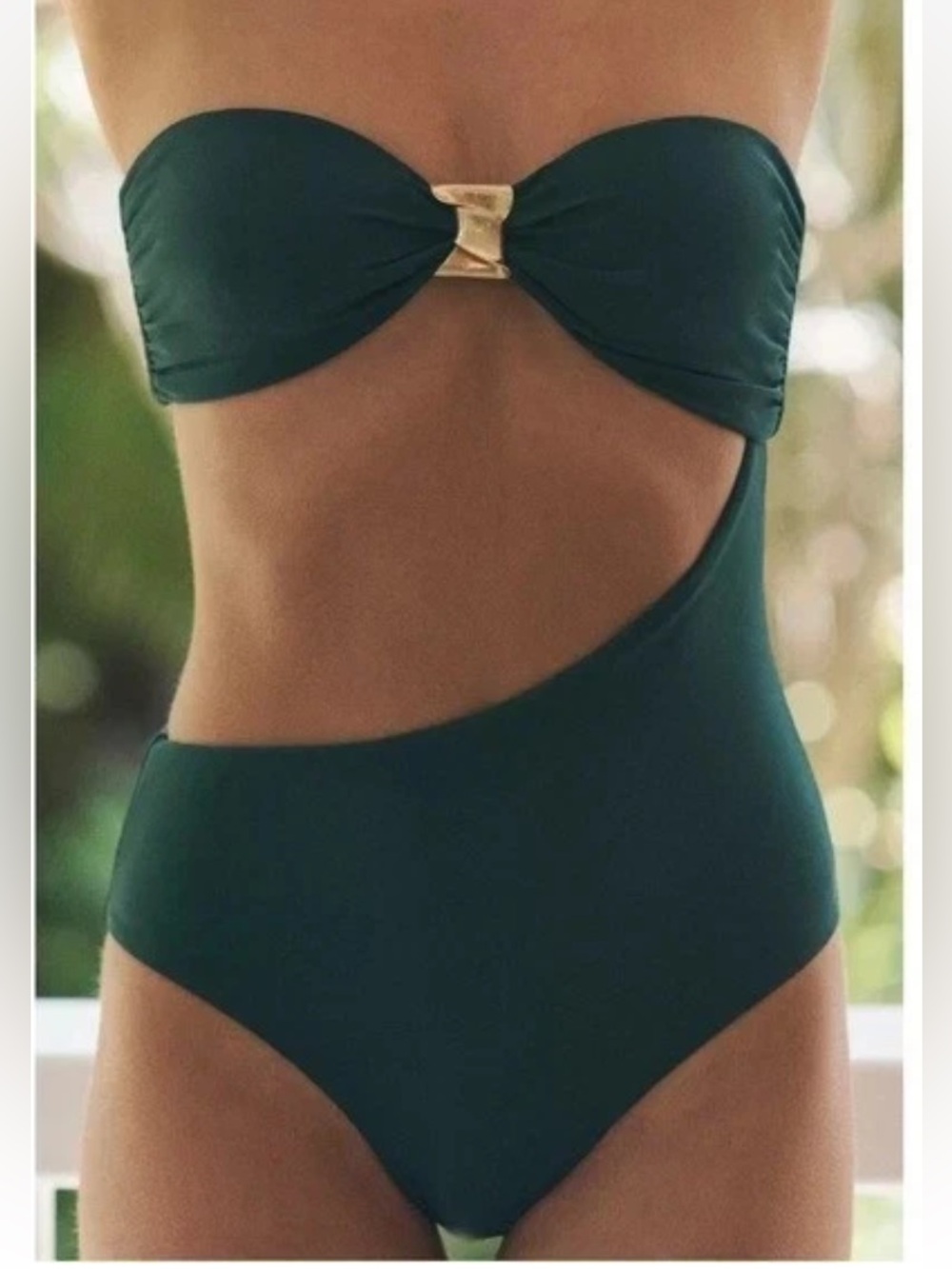 Zara Deep Green Swimsuit Gold Buckle Strapless Size S